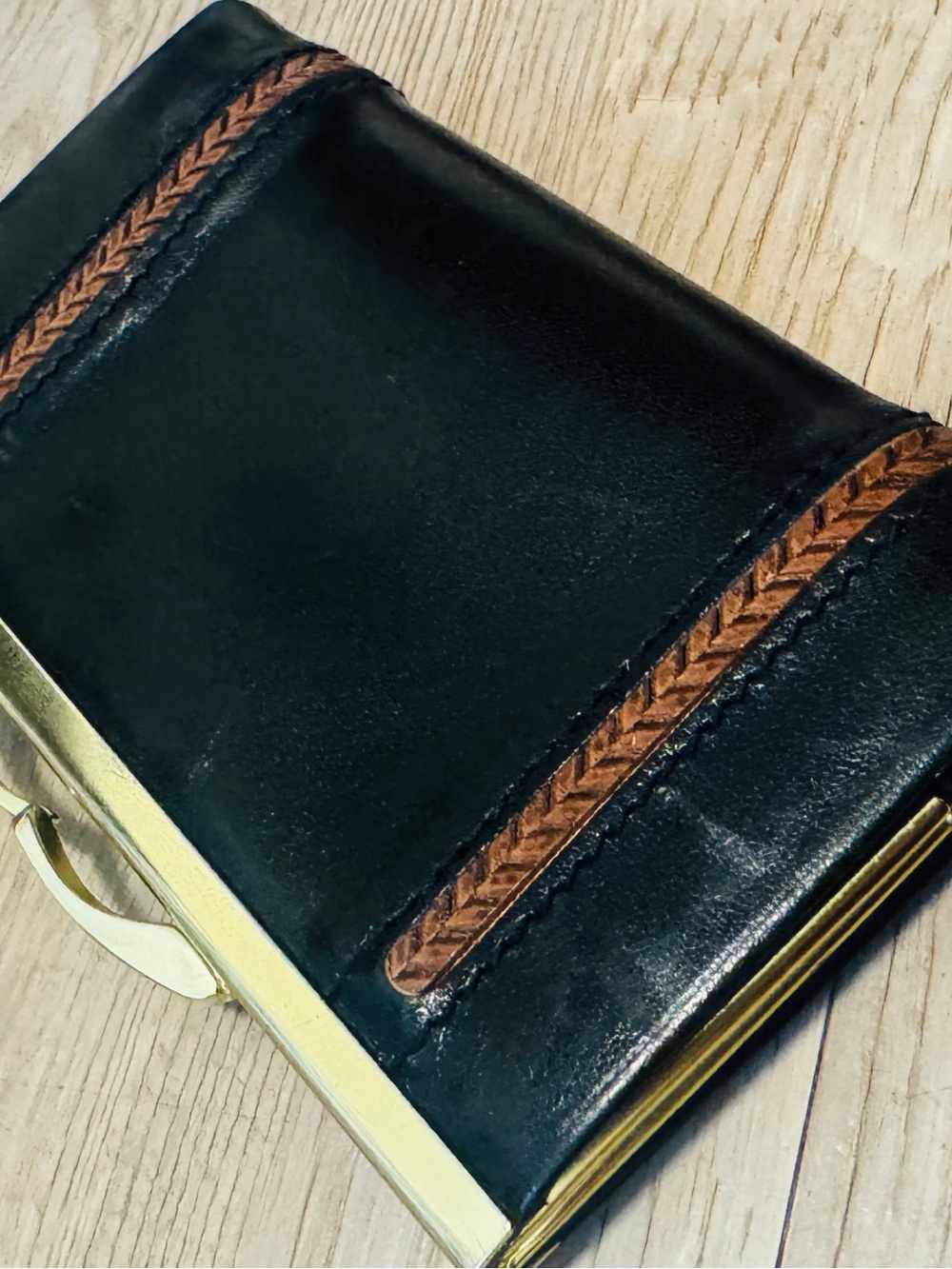Vintage Women's Black Leather Wallet with Brown Braided Accent and Gold Frame